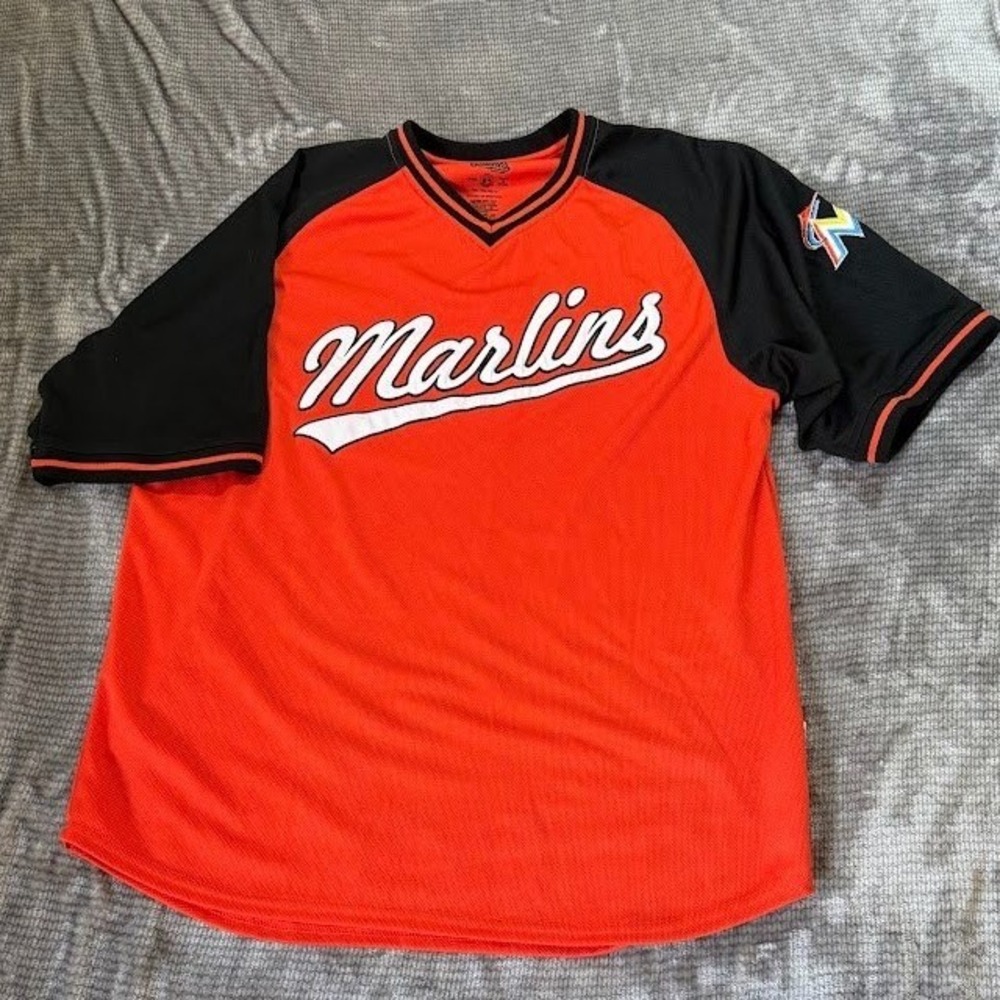 Stitches Miami Marlins MLB Jersey Mens Large Orange Black Mesh V-Neck Baseball